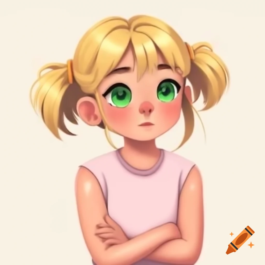 Anime girl with blonde hair and green eyes in pink sleeveless t-shirt, arms crossed