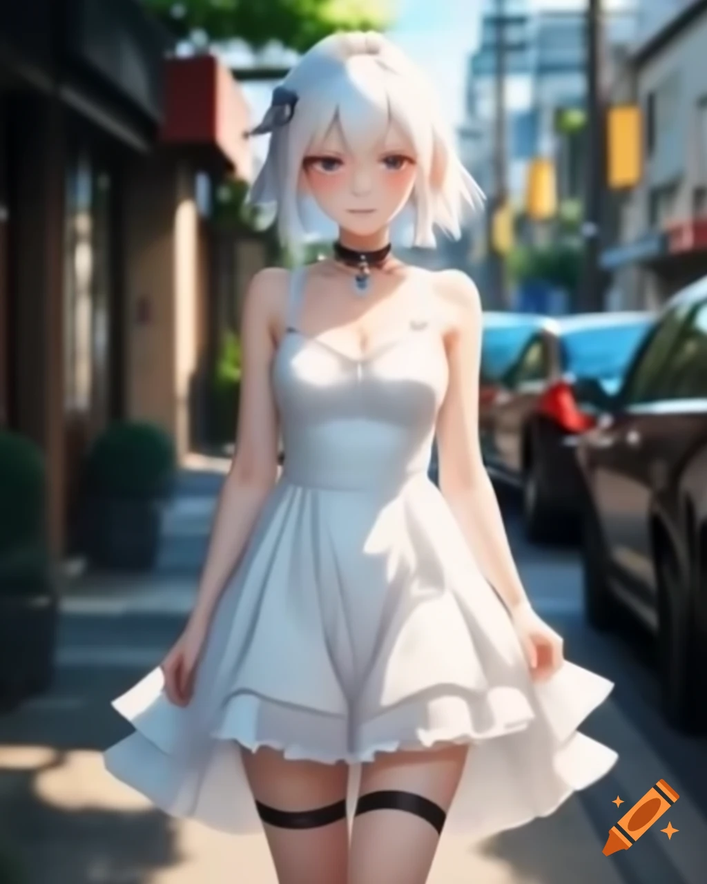 Anime character with white hair in sundress walking on street