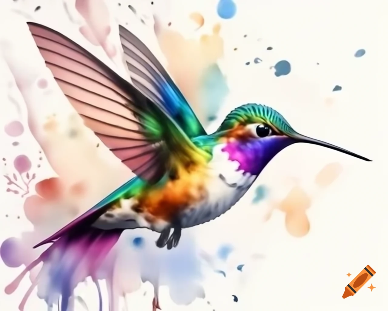 Hummingbird in watercolor rainbow shades flying in cartoon style