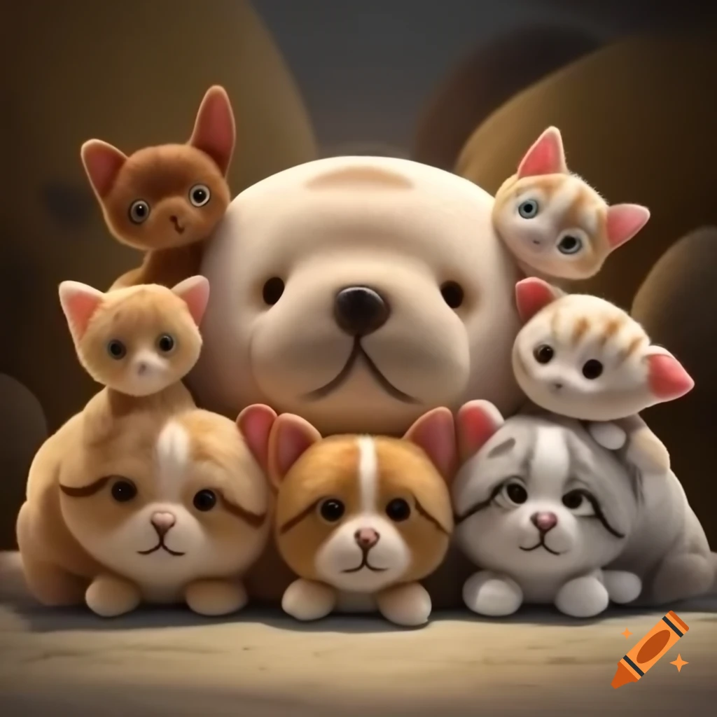 Cute plush puppies and kittens in a large pile