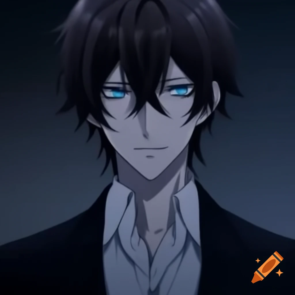 Tall, lean anime character with messy dark brown hair and sharp features in elegant suit