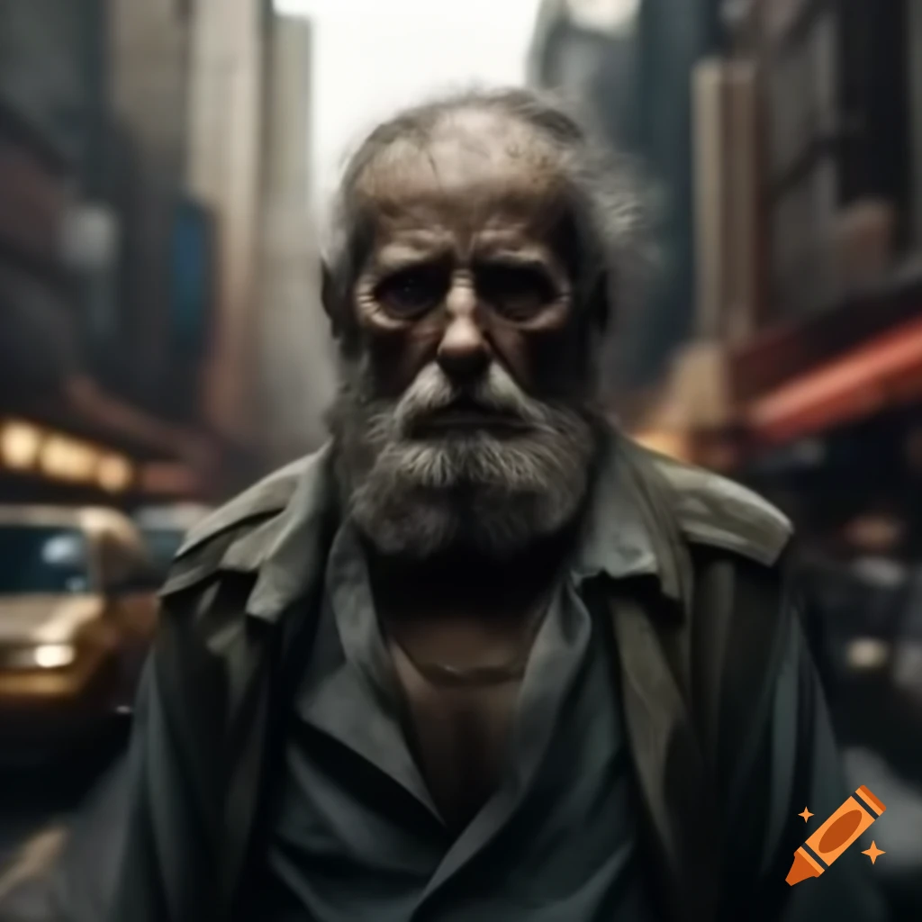 Stoic figure walking through bustling city streets, embodying wisdom and experience