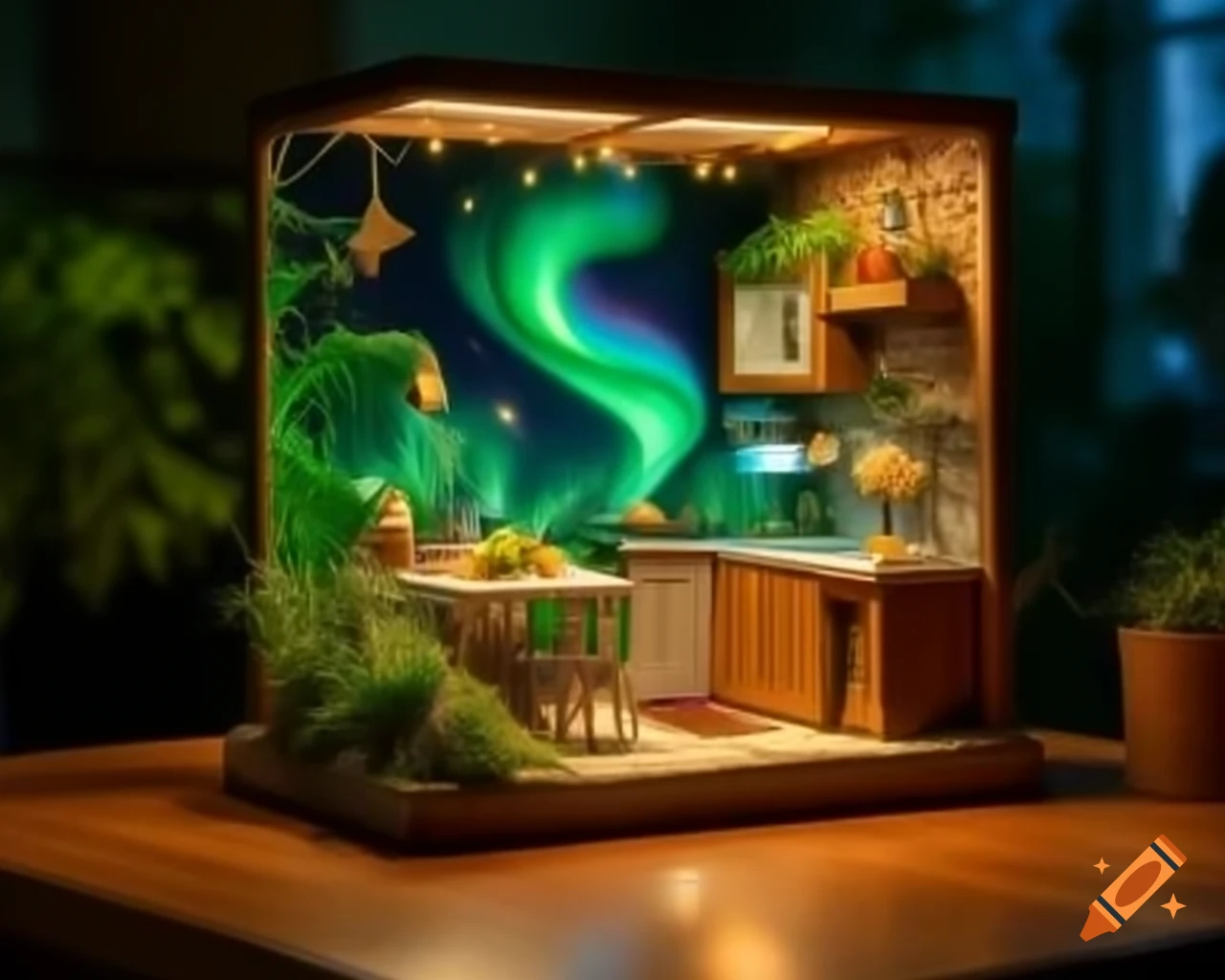 Northern lights themed kitchen diorama model
