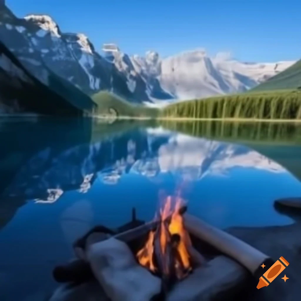 Calm Canadian lake with clear blue water and house by a campfire