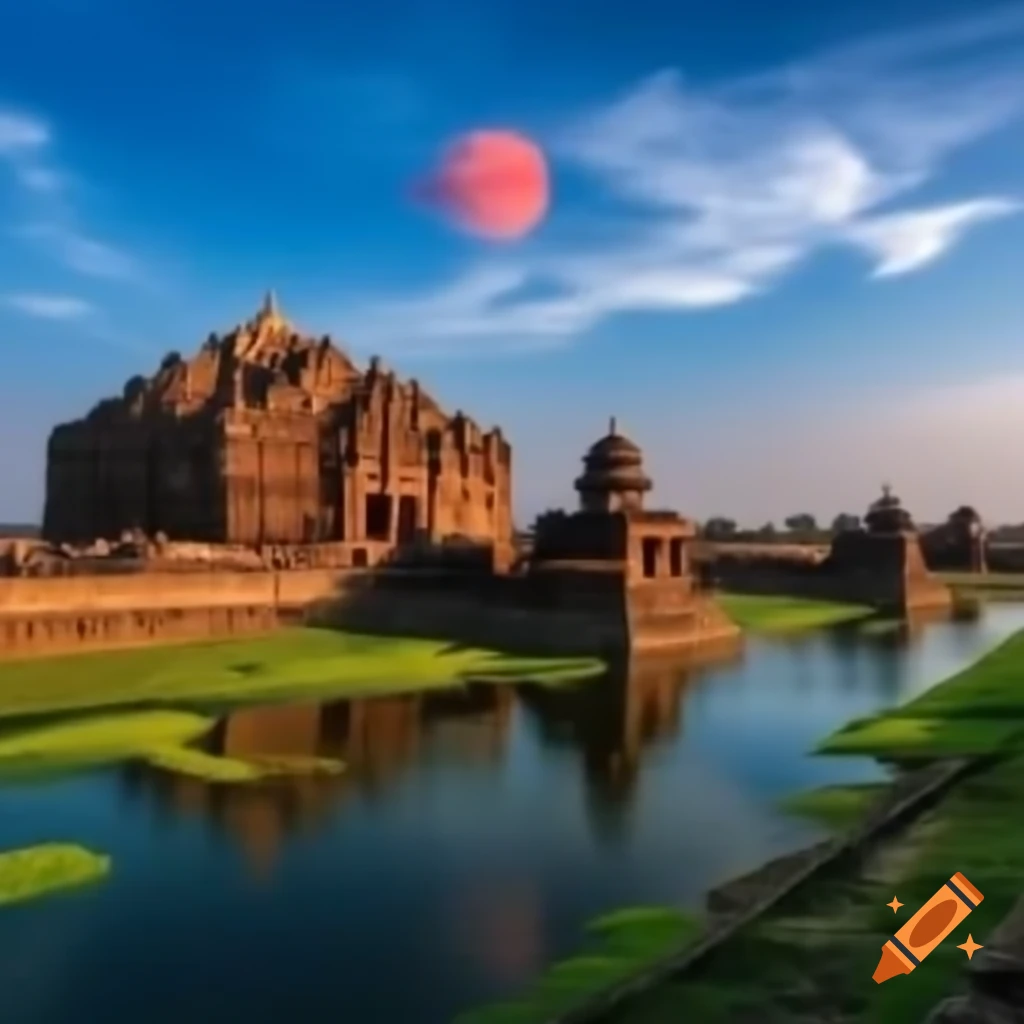 Landscape featuring water and ancient temple with blue sky and red moon