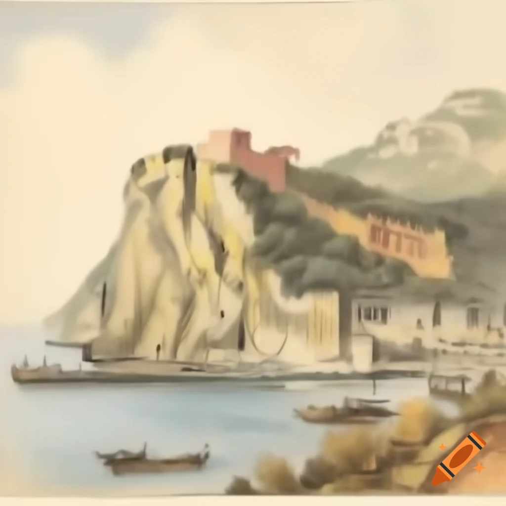 Colored sketch of Porto-Ferrajo cliffs and fort in the 1800s