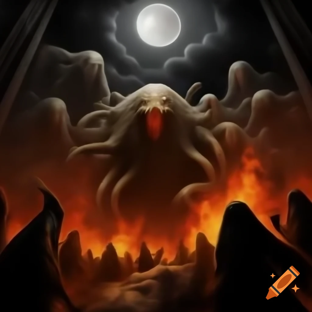 High-contrast ink drawing of a mole-maggot creature surrounded by cultists and fire under an occult moon