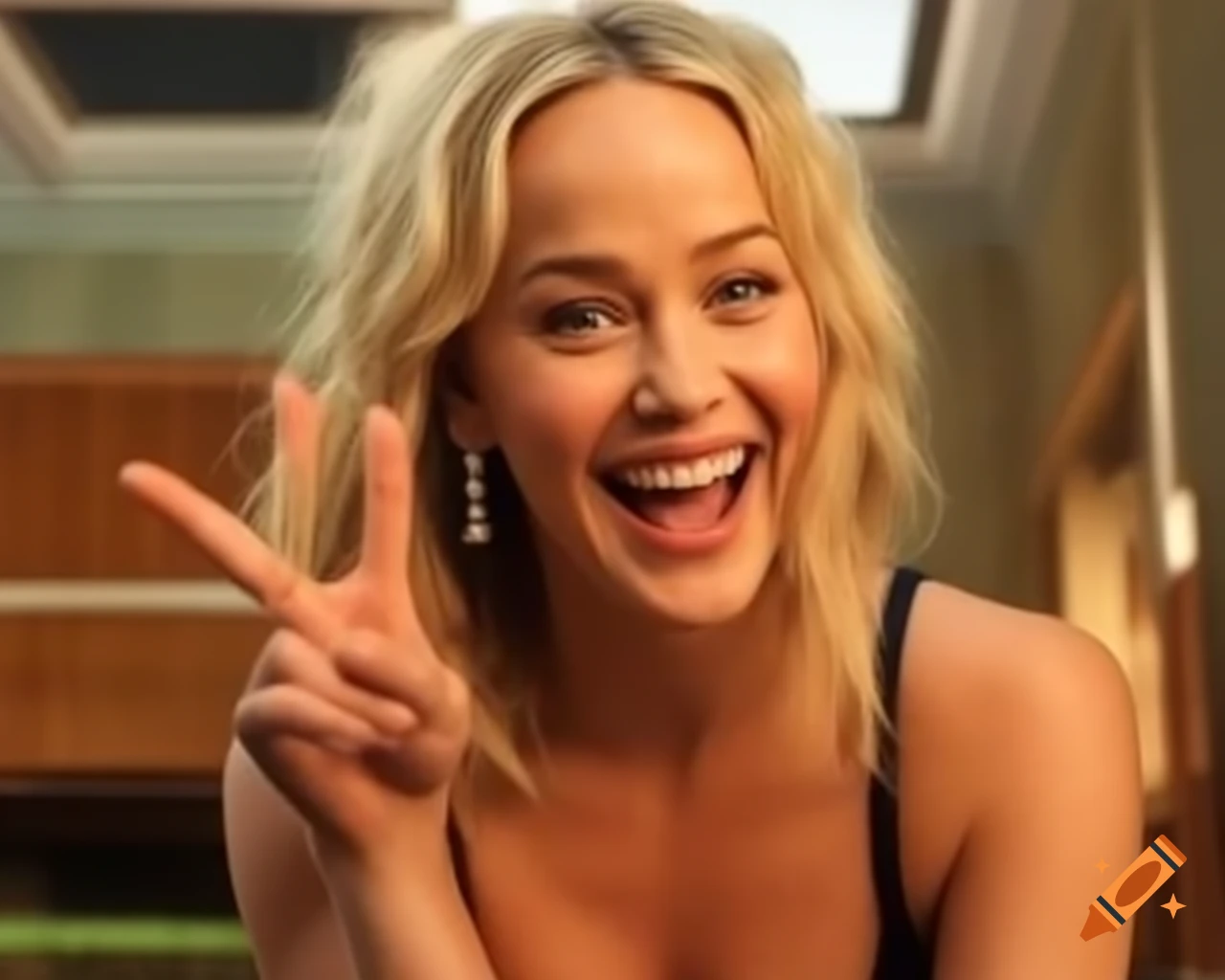 Jennifer Lawrence with mischievous grin beside a giraffe, playful peace sign