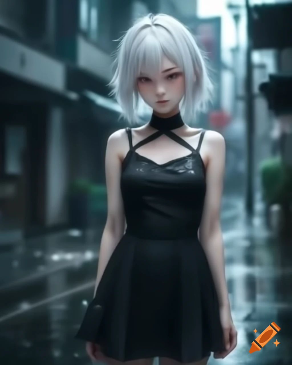 Anime realistic woman with white hair in black dress on rainy day