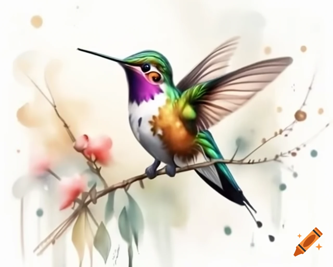 Realistic hummingbird with brown and gold plumage in cartoon watercolor style
