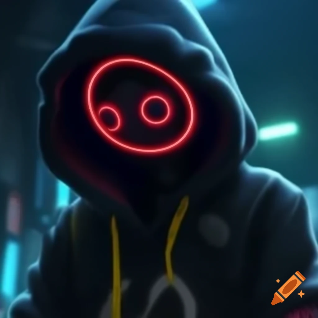 Cyberpunk character in hoodie and mask evading giant robots