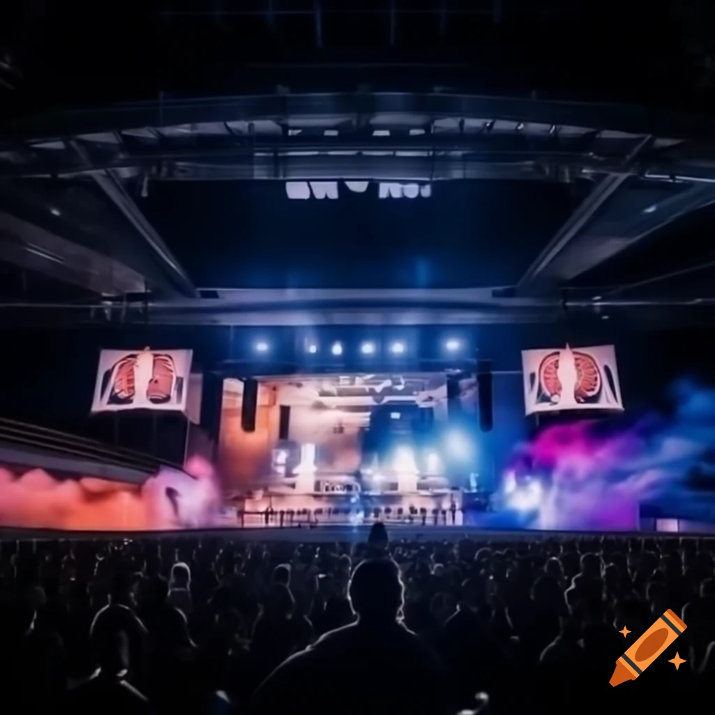 Audience silhouettes at a live concert in a stadium arena with a performing band