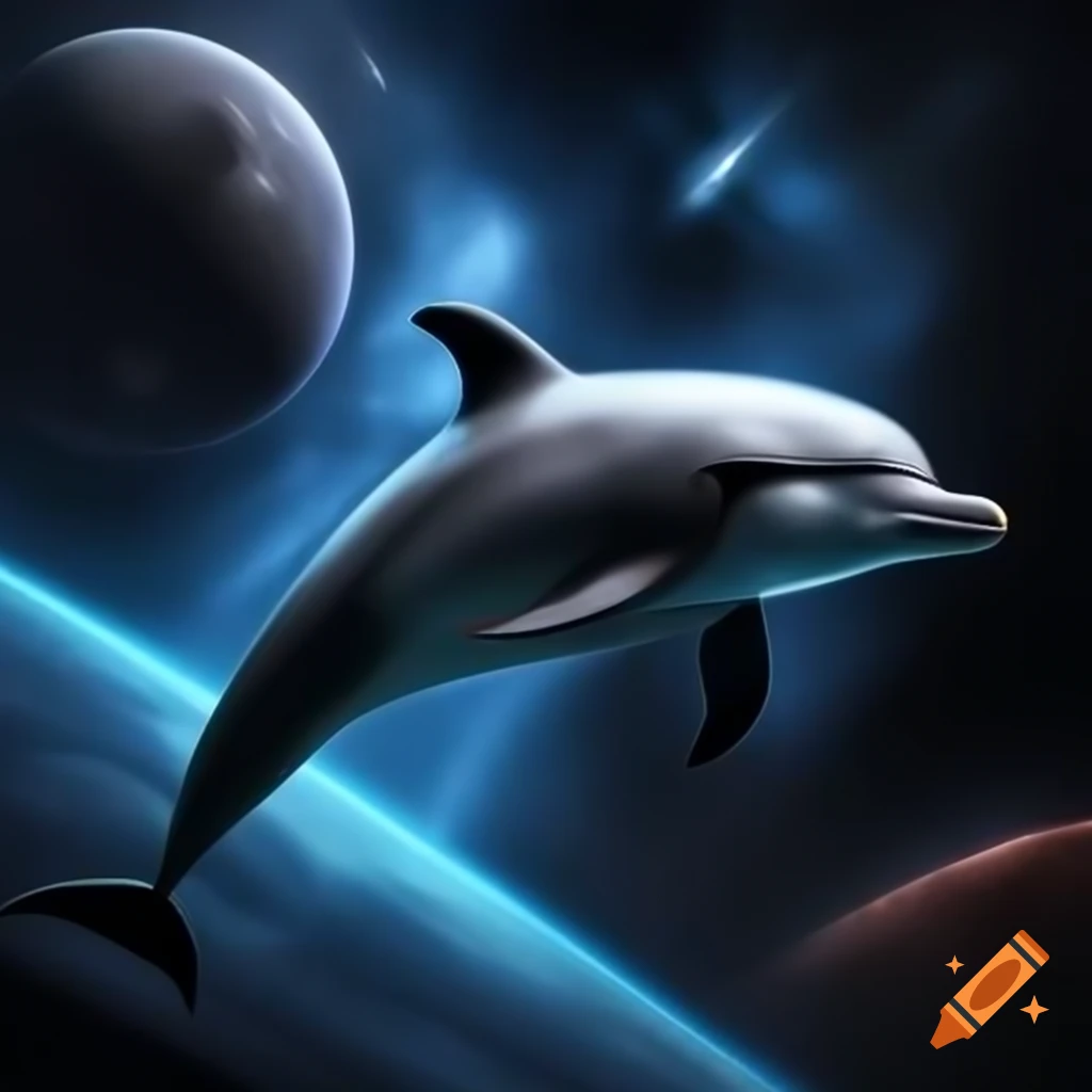 Dolphin in outer space next to planet with galaxies and nebulas, dramatic lighting