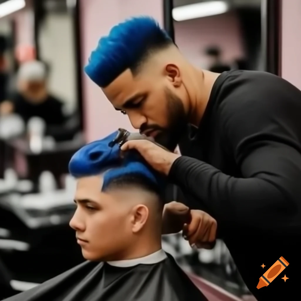 Barbershop interior showcasing a haircut with blue hair