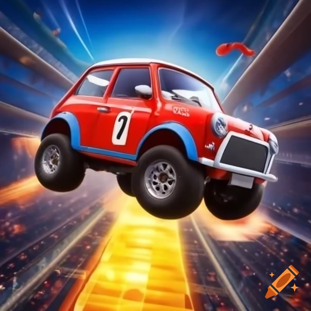 Mini Stunt Car performing stunt in vibrant action-packed background