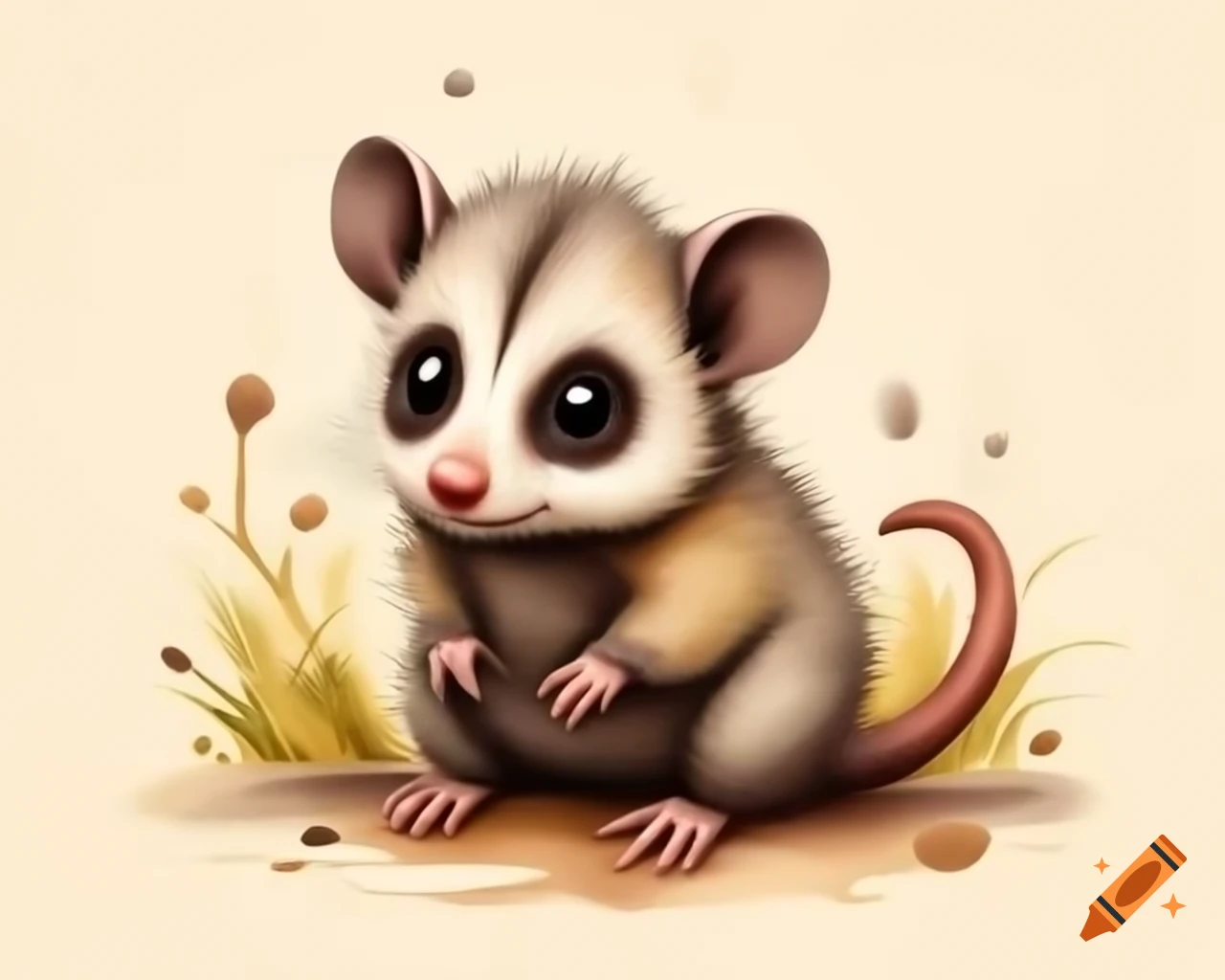 Gum nut baby possum in watercolor shades of brown and gold, cartoon style