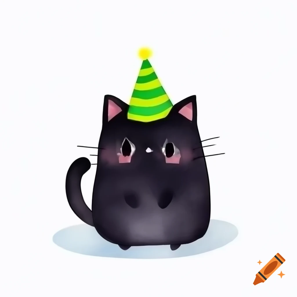 Cute black cat with green party hat in anime watercolor style