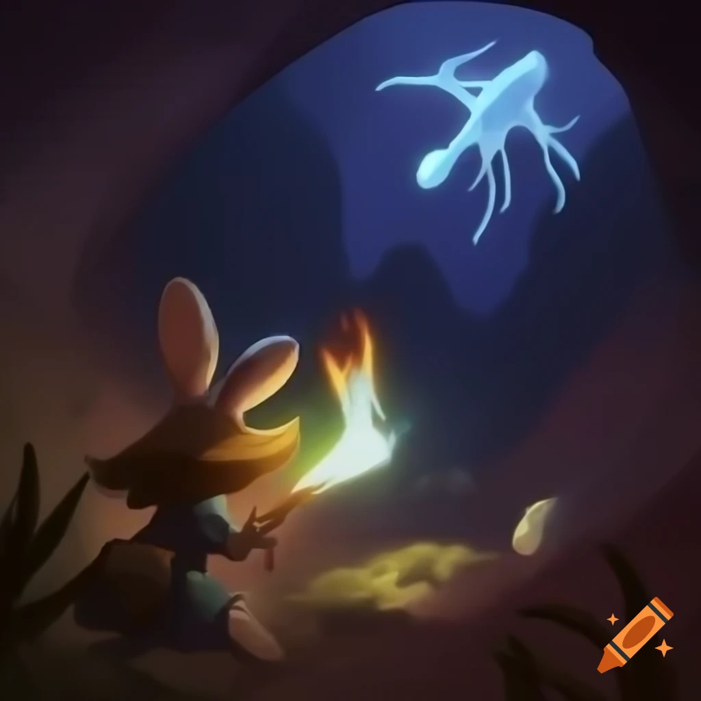 Rabbit with glowing rapier facing drone in underground RPG setting
