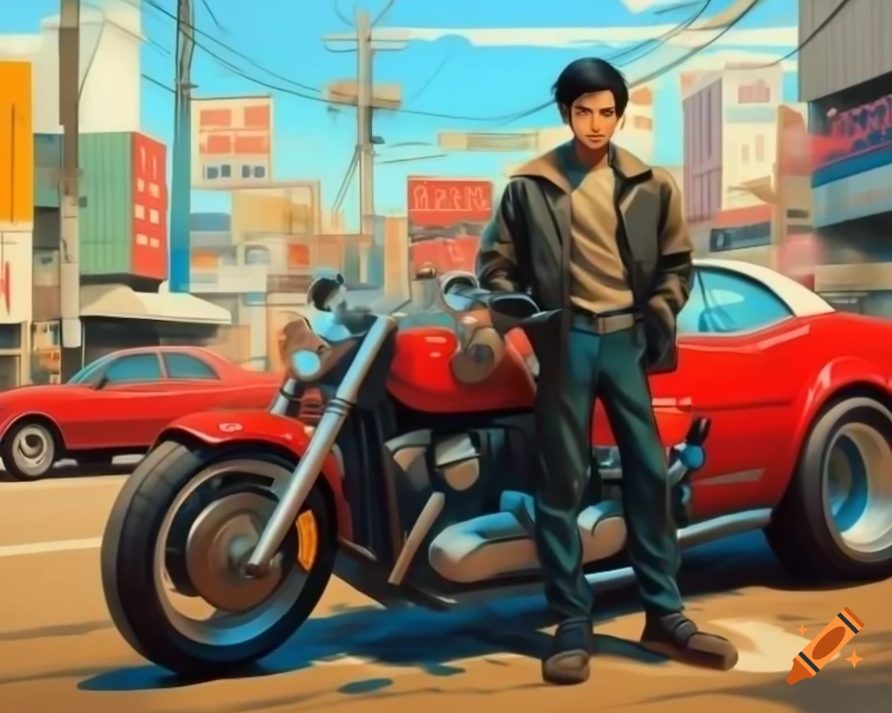 Anime movie poster featuring man with motorcycle and red car in Akira style