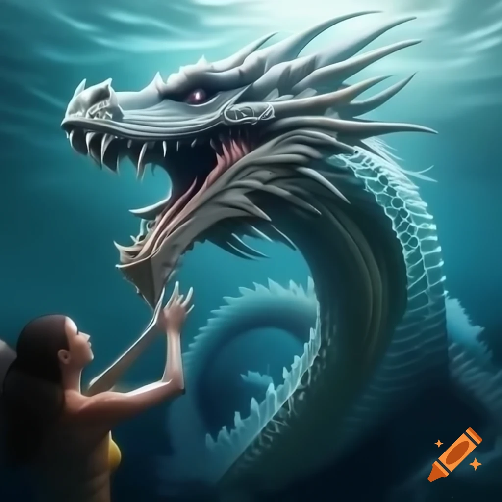 Semi-realistic sea dragon emerging from water to greet a person