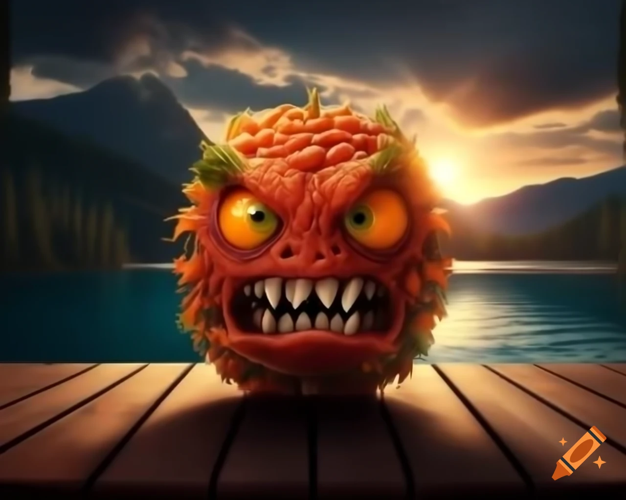 Hyper-realistic 3D orange fruit monster with human features on wooden table