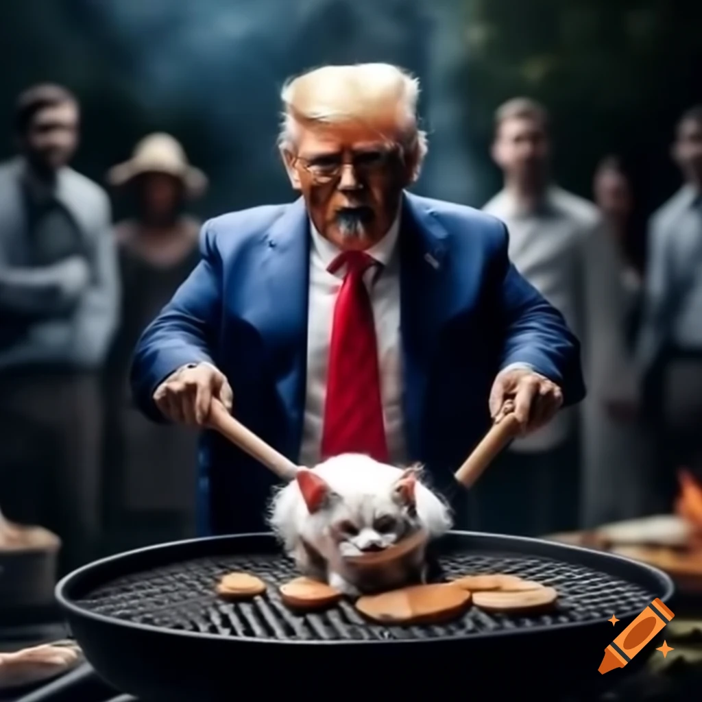 Angry Donald Trump with spatula grilling at cookout with sleeping kitten