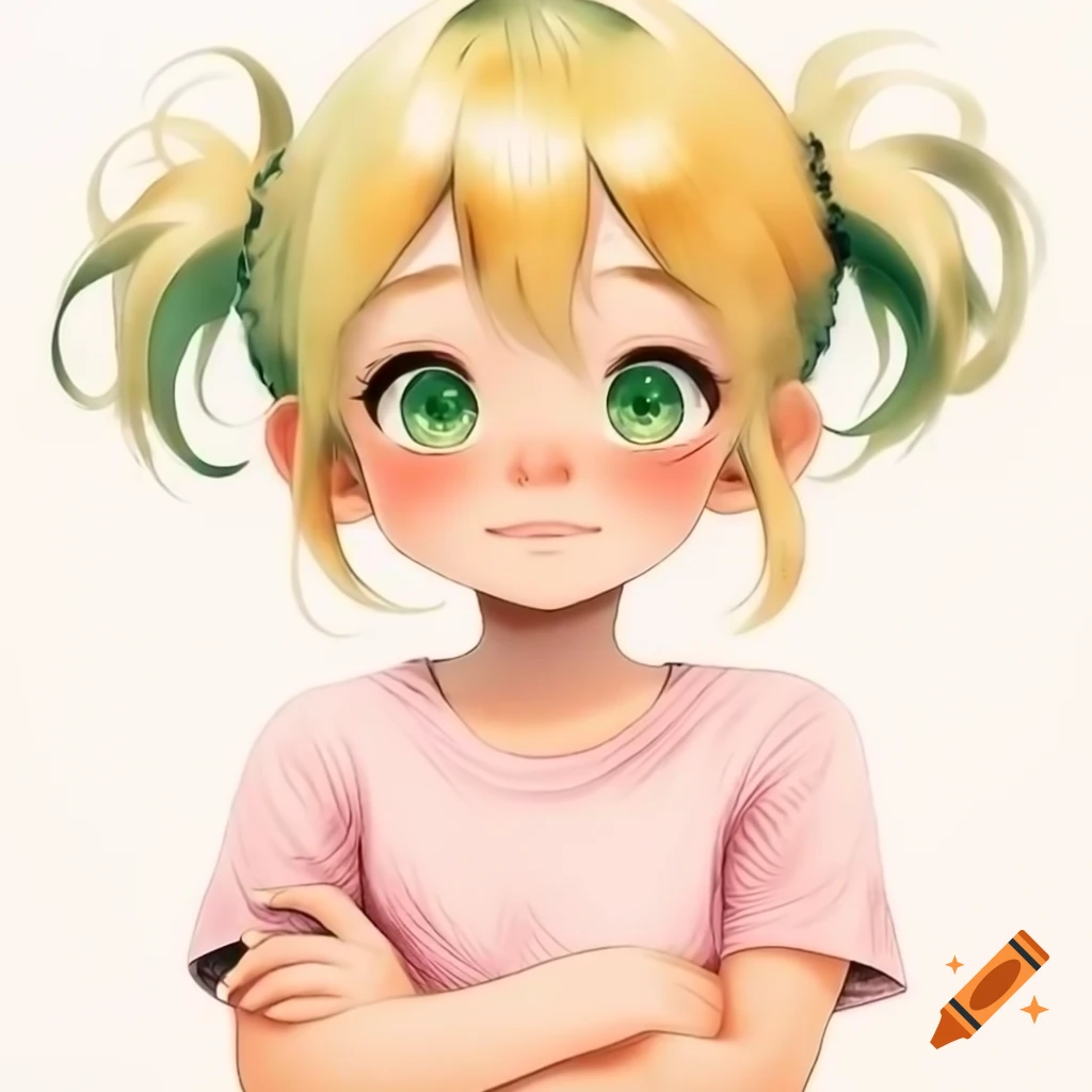 Anime girl with blonde hair and green eyes in pink sleeveless t-shirt, arms crossed