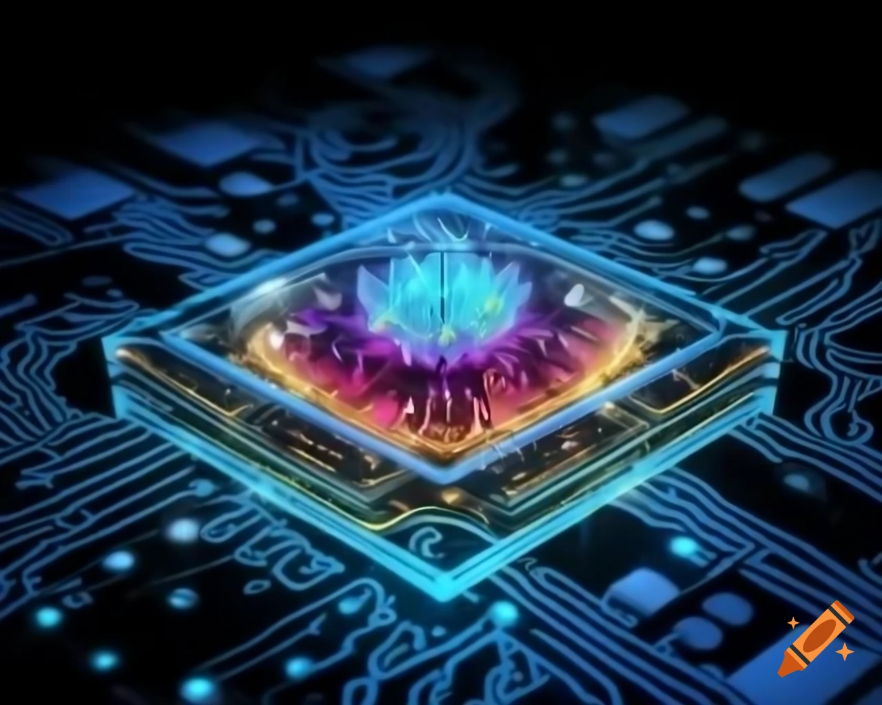 Digital illustration of flower with detailed circuit board patterns in petals