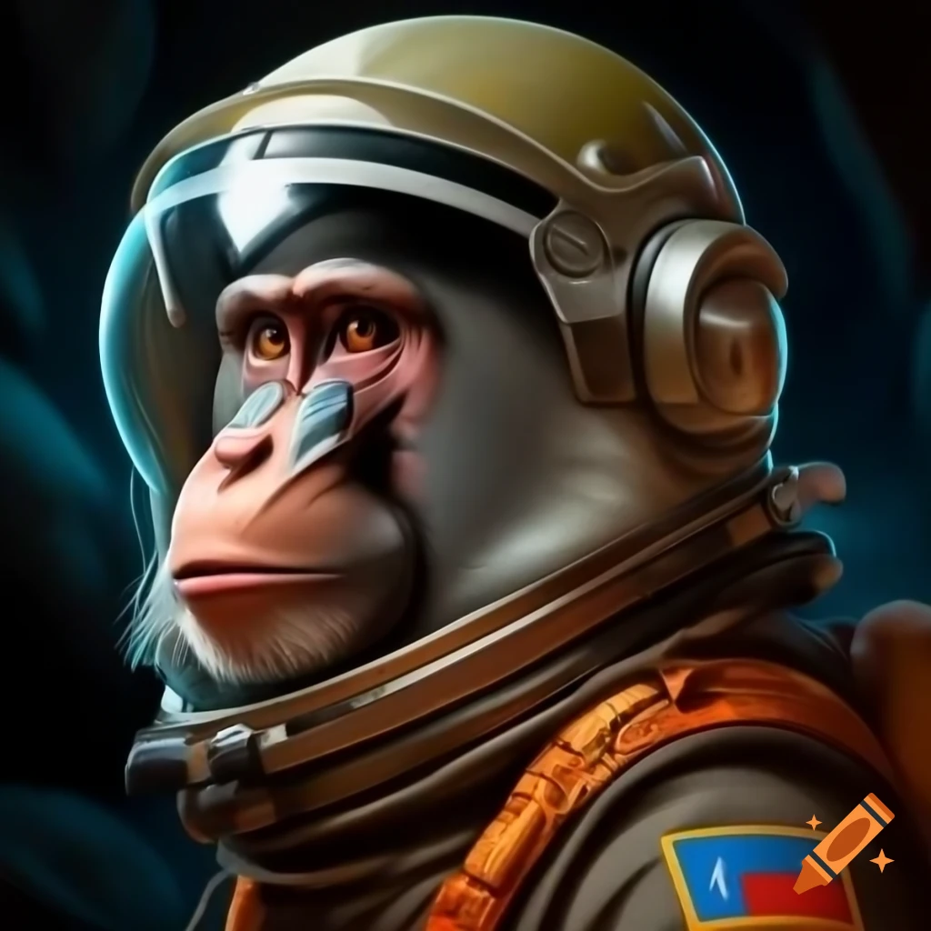 Baboon in space helmet depicted in cave painting style