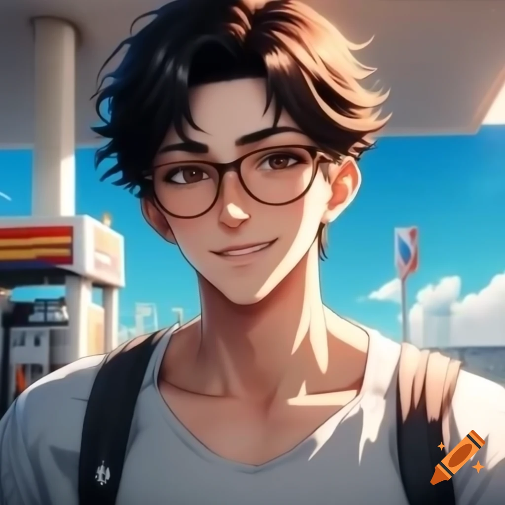 Anime man with glasses and kind smile, casual outfit with gas station background