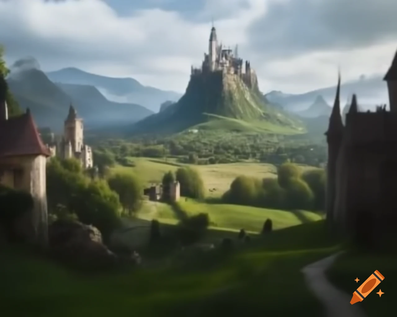 Medieval landscape featuring a castle in the background