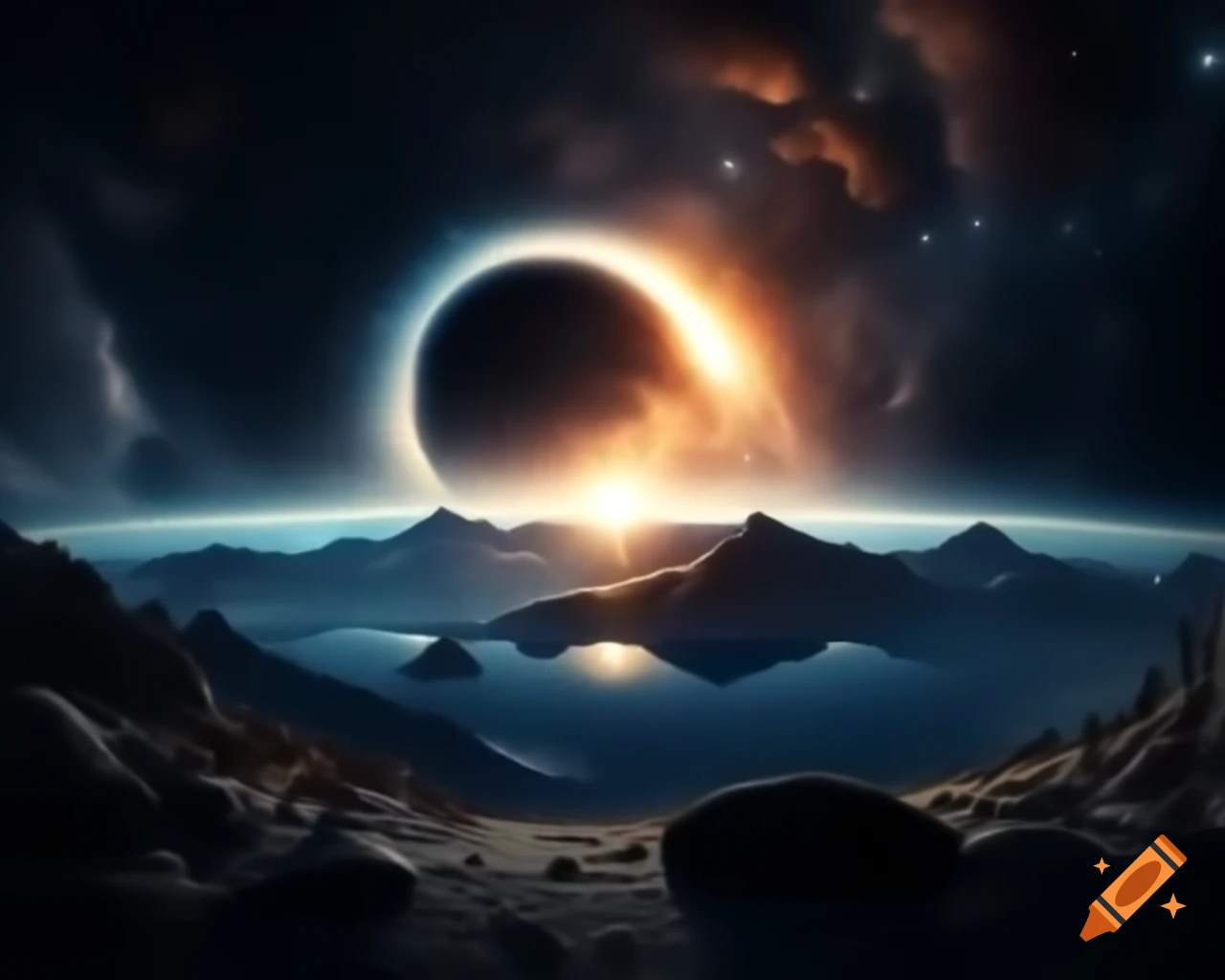 3D representation of mountain lake at sunset with sun rays and island