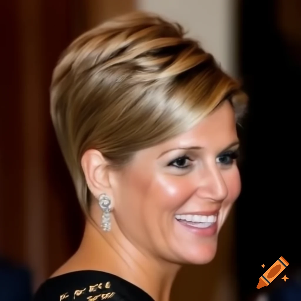 Queen Maxima with short pixie cut and clippered sides