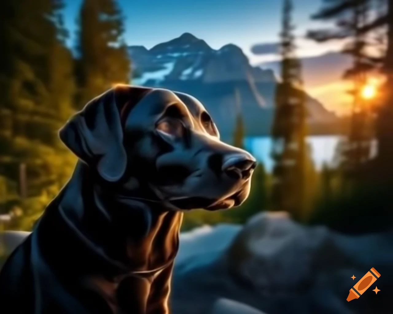 Black Labrador Retriever close up in forest with trees