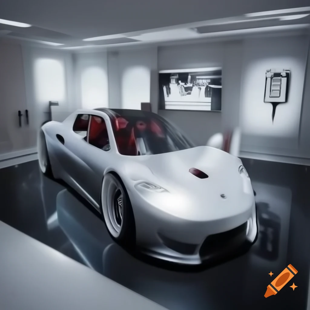 3D image of a white 2011 Tesla Roadster parked in a room with brick walls and dark reflective floor, featuring a Les Paul guitar on the wall between two paintings