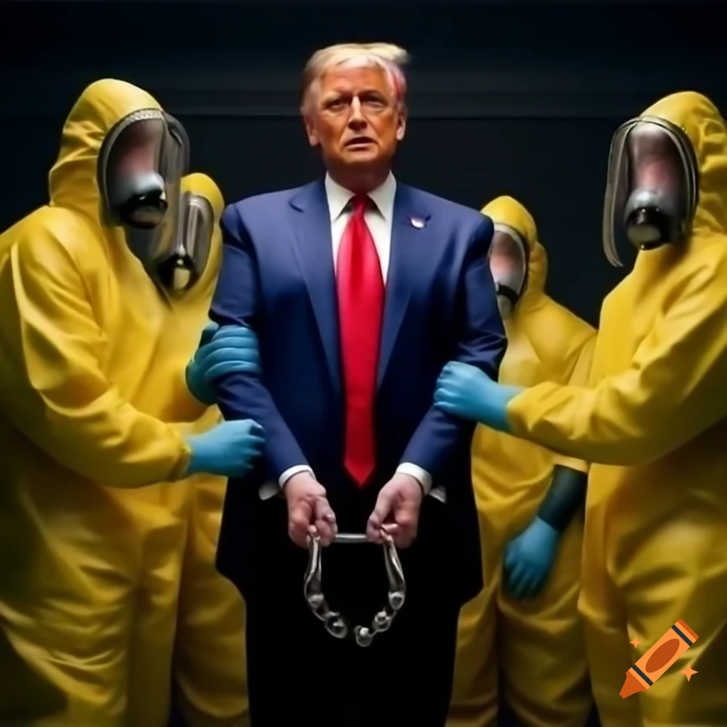 Photorealistic satire of Donald Trump handcuffed by men in yellow hazmat suits