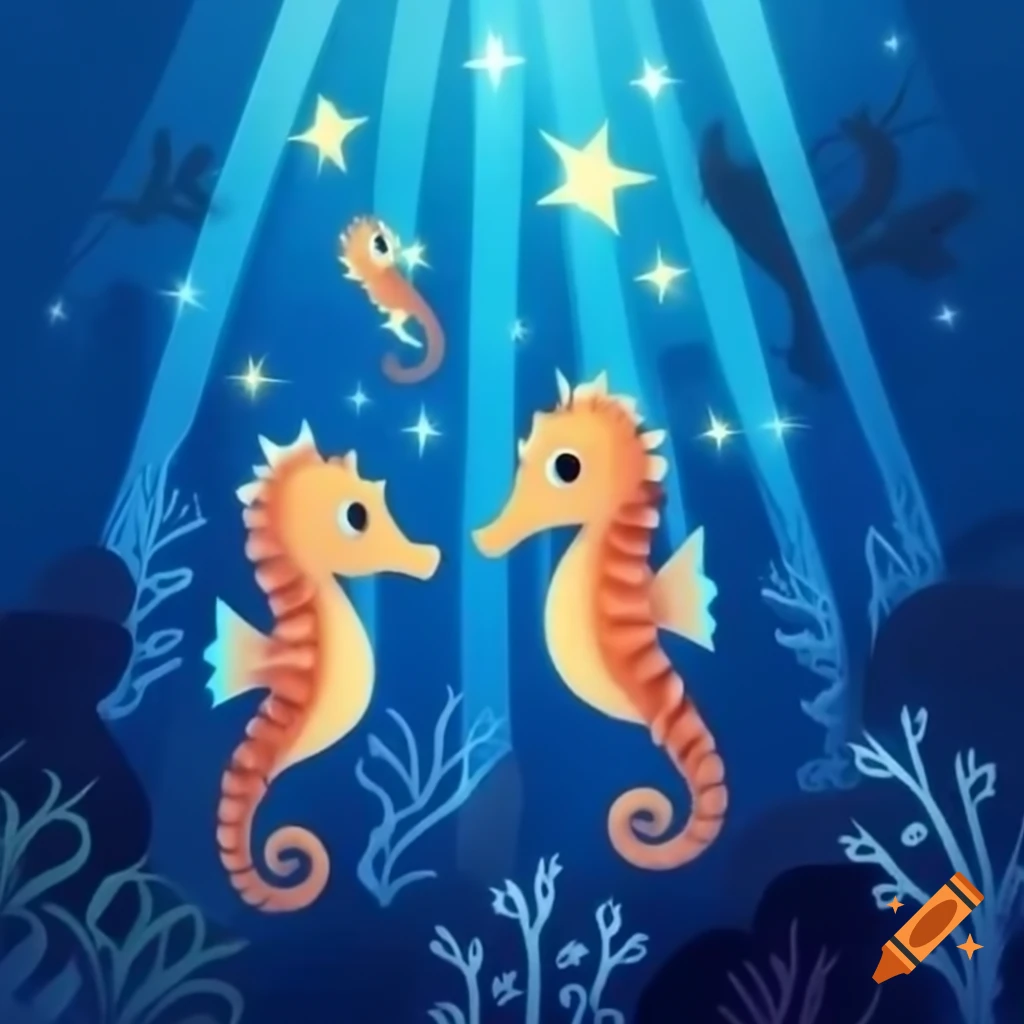 Cute seahorses swimming in a starry dreamscape
