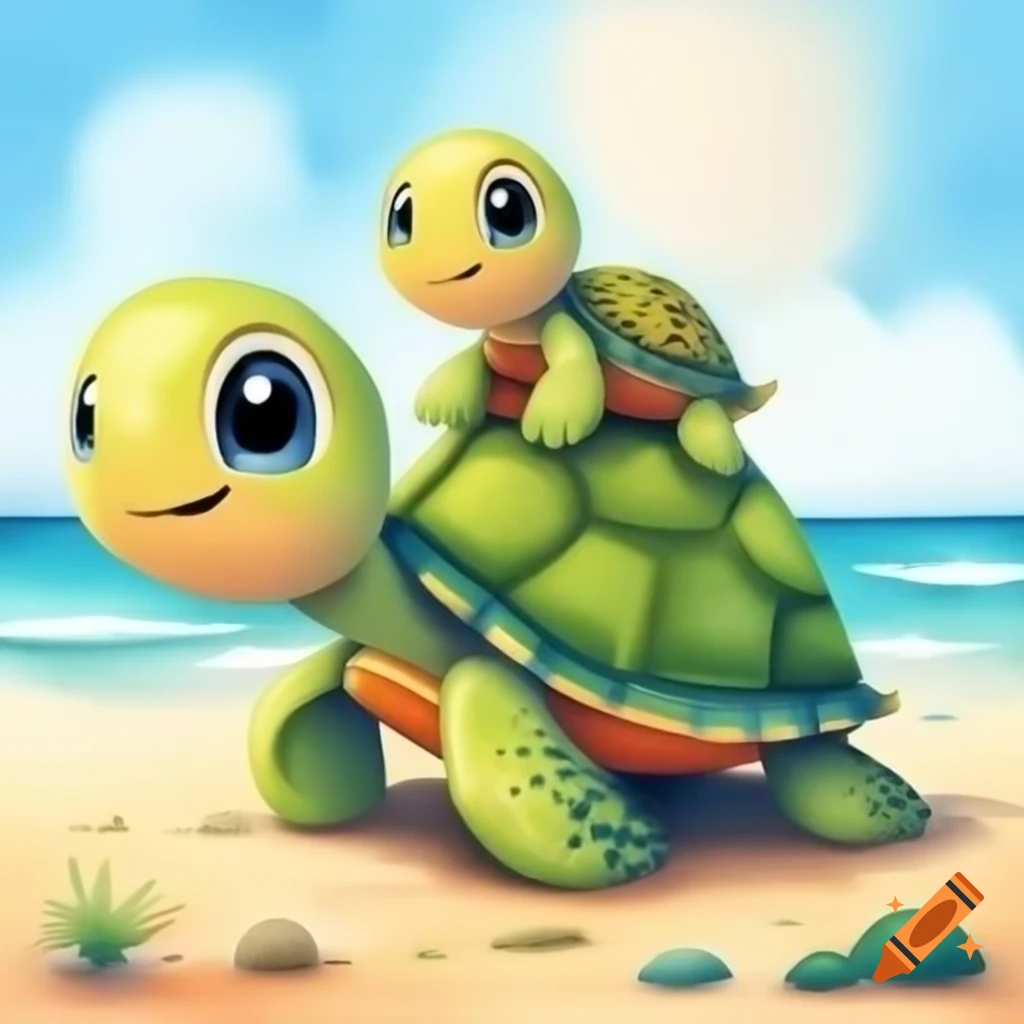 Cartoon turtle with babies on beach, watercolor style