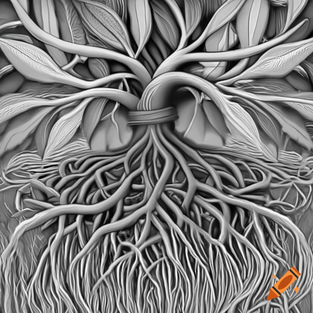 Intricate spiral drawing showing roots transforming into brambles, leaves, and flowers