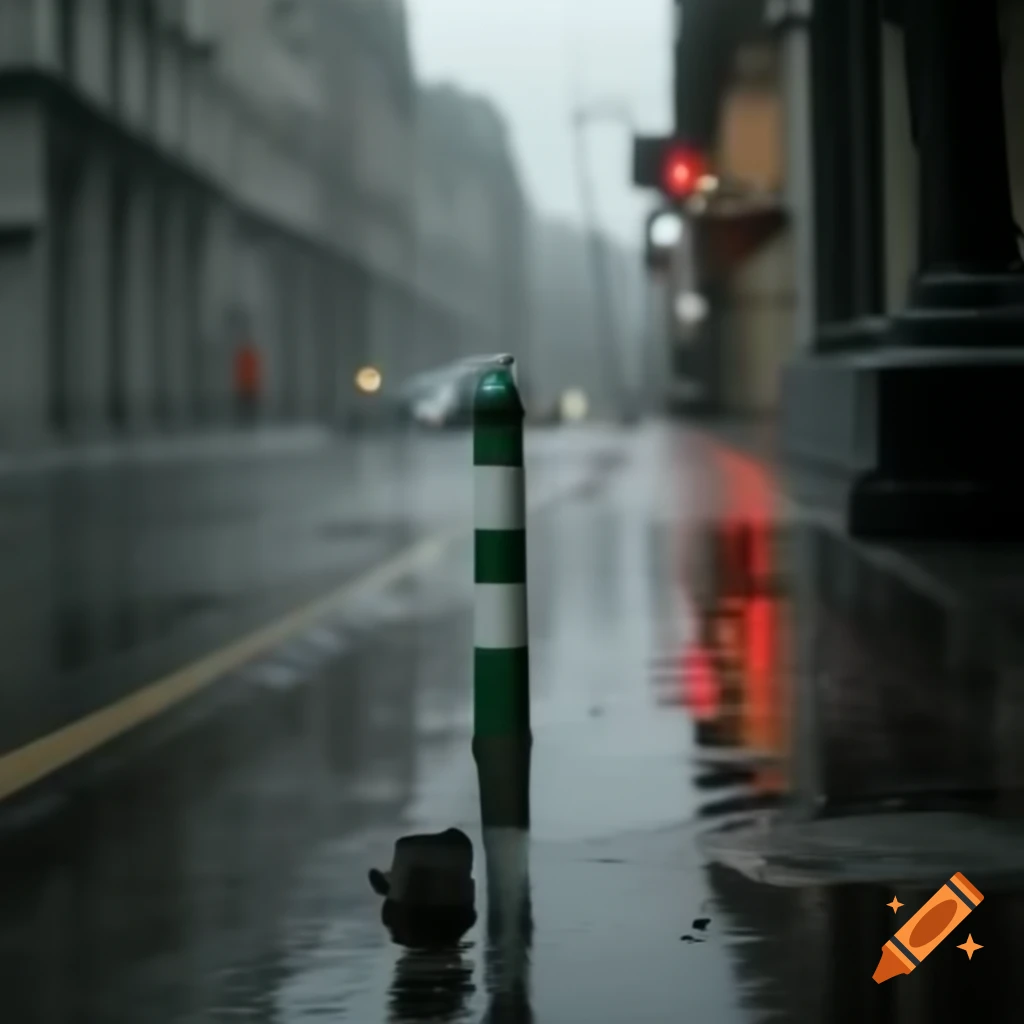 Rain falling on street with light post background