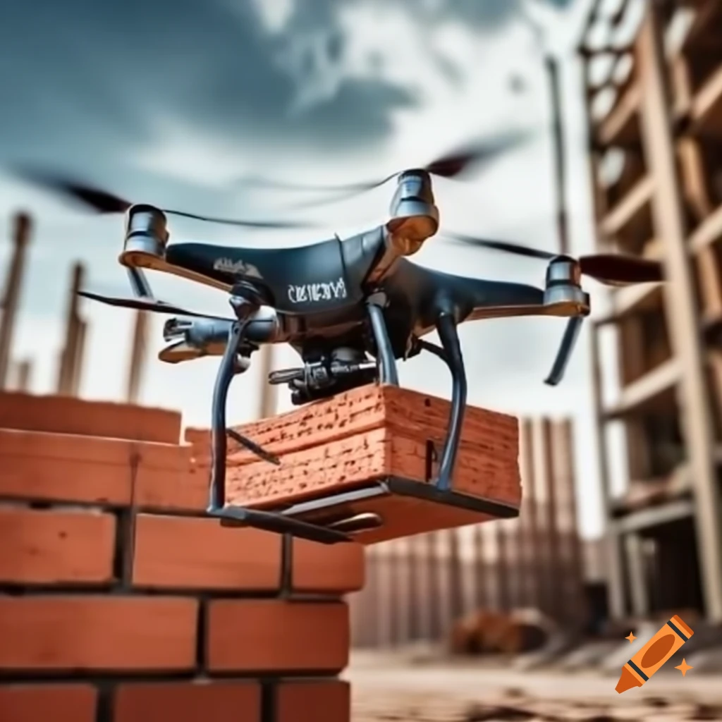 Drones transporting bricks at a construction site