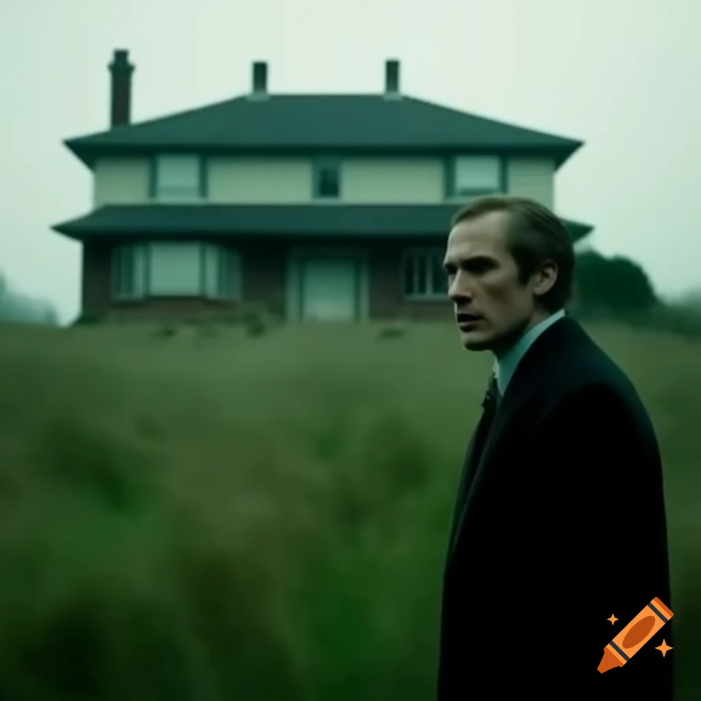 Worried man in grassy backyard looking away from mid-century house, moody film style