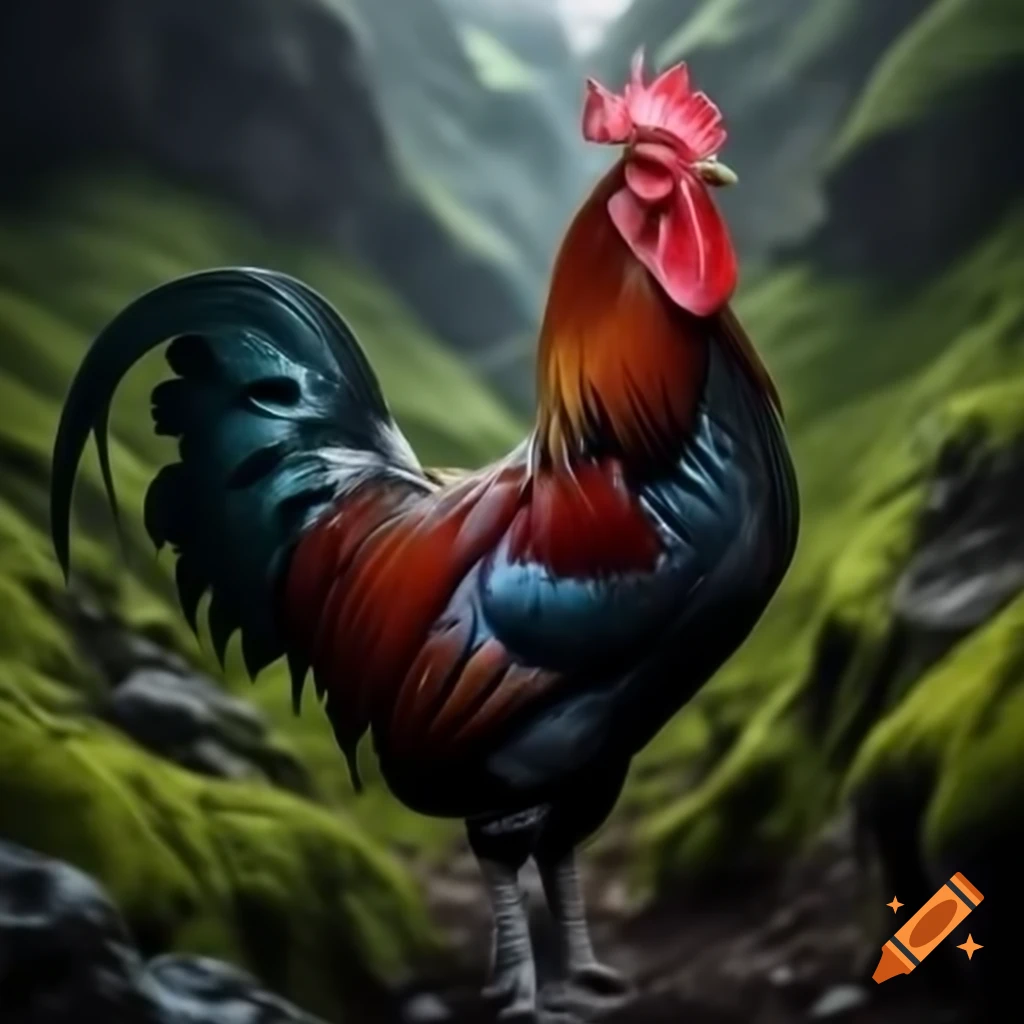 Large black and red rooster in deep narrow green valley