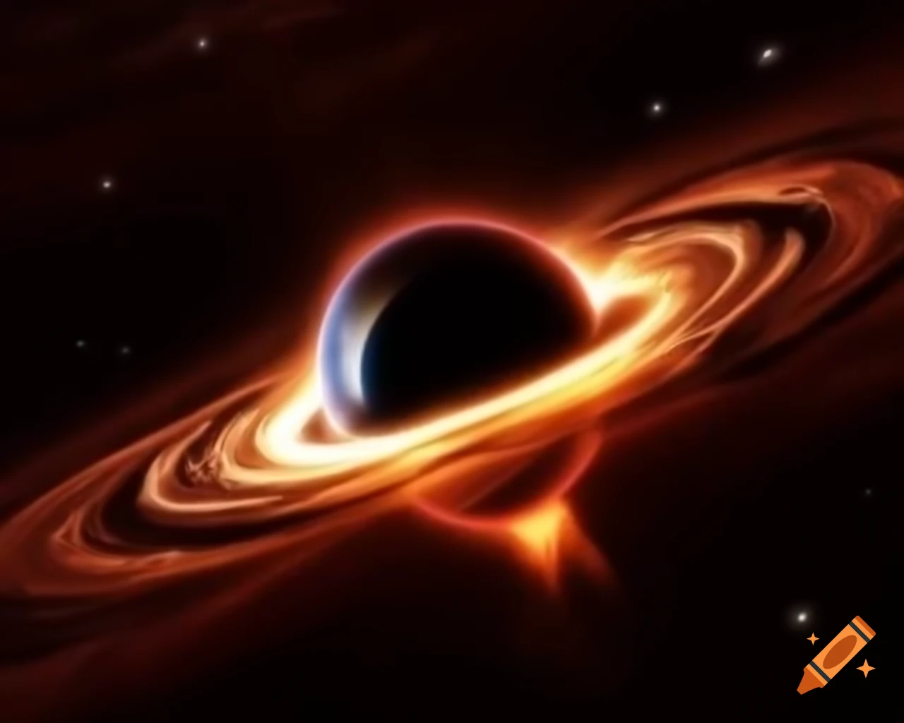 Realistic black hole in star-filled space with artistic anamorphic lens flare