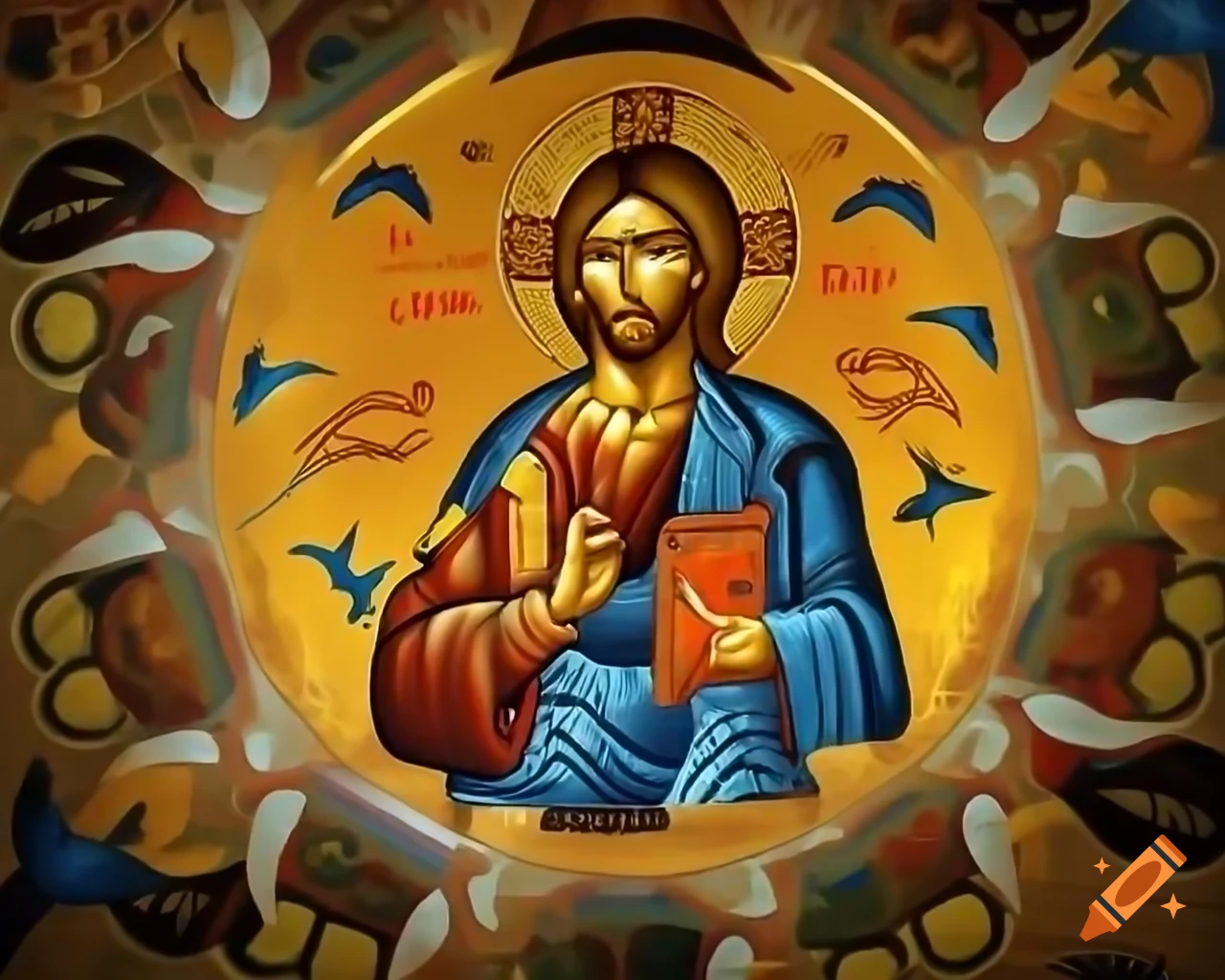 Byzantine mosaic of jesus surrounded by birds and water by svetoslav