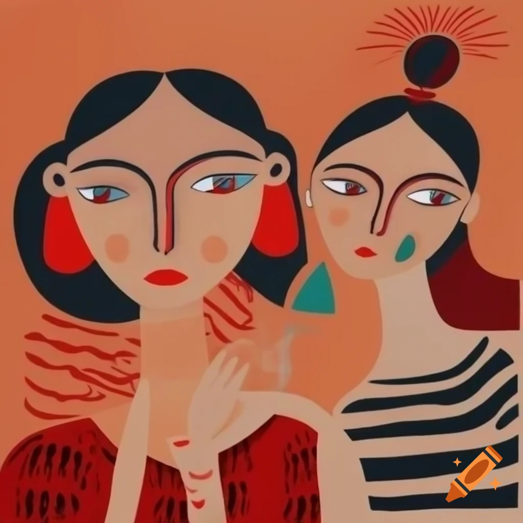 Abstract folk art painting of two women in conversation