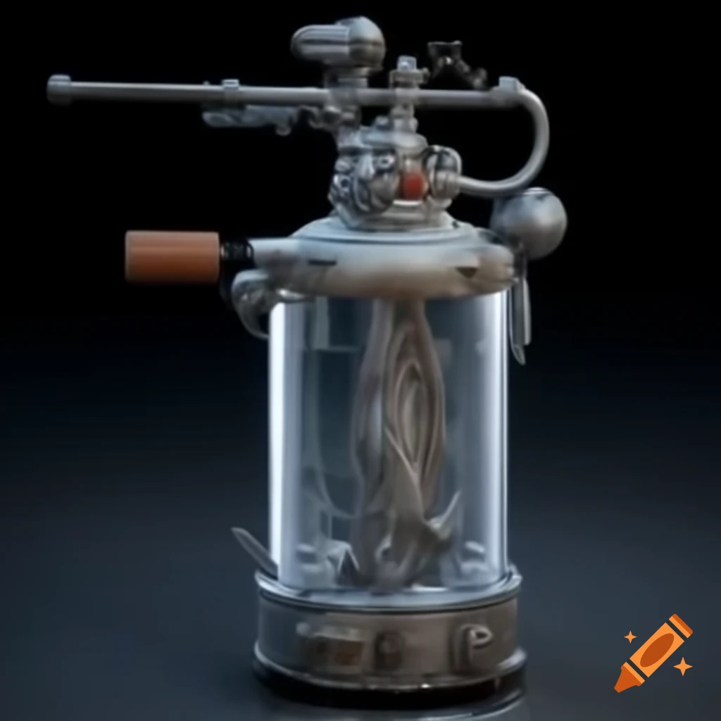 Metallic handheld apparatus resembling a gun with a glass cylinder for pressure air injection