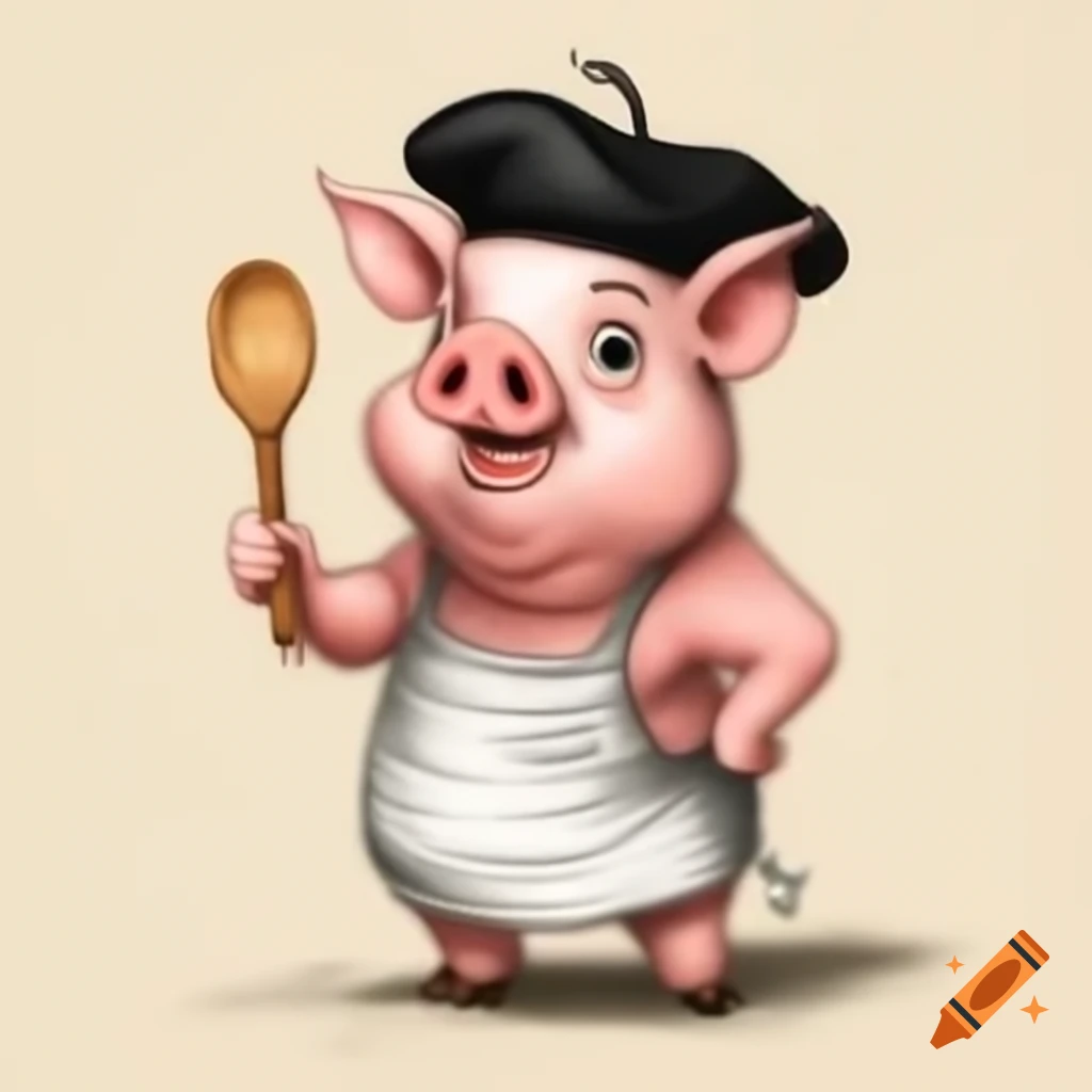 Disney-style drawing of pig in beret cooking with wooden spoon