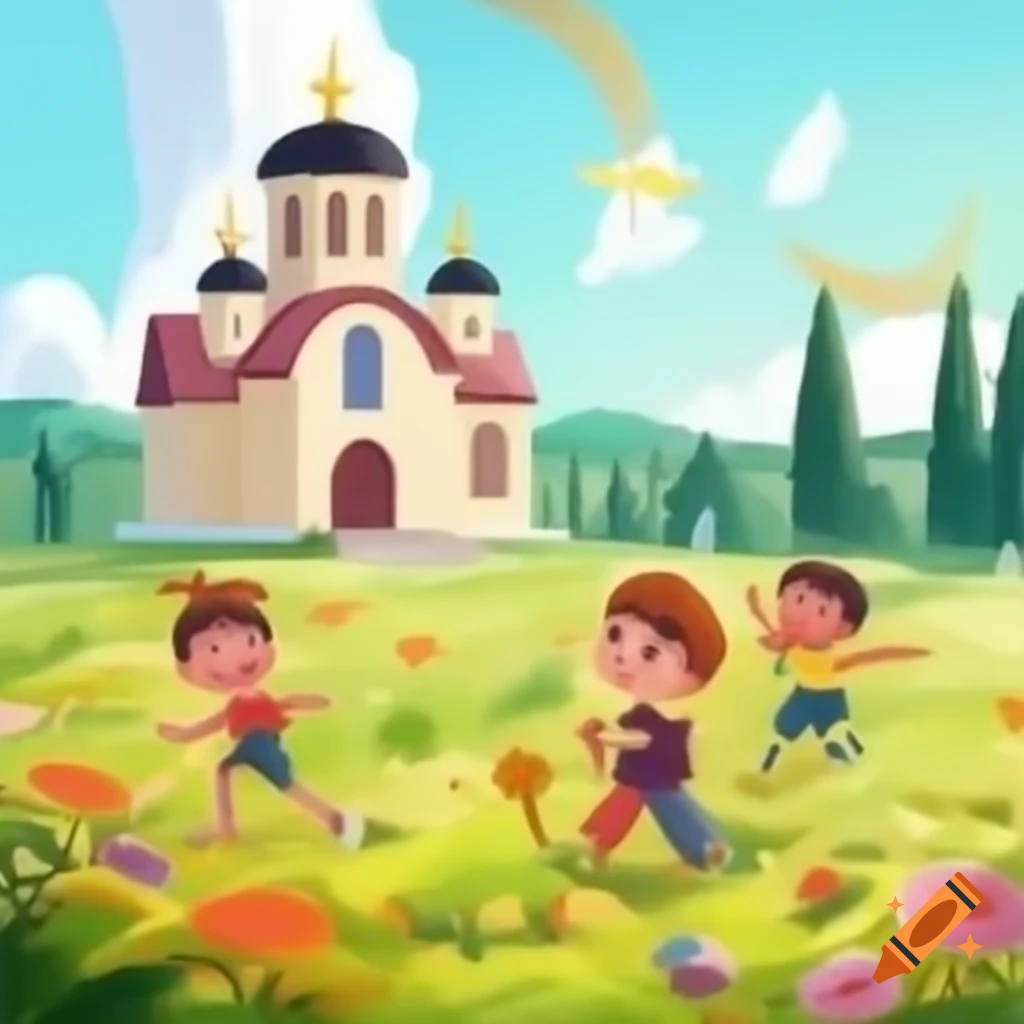 Children playing outside an orthodox church in an animated style