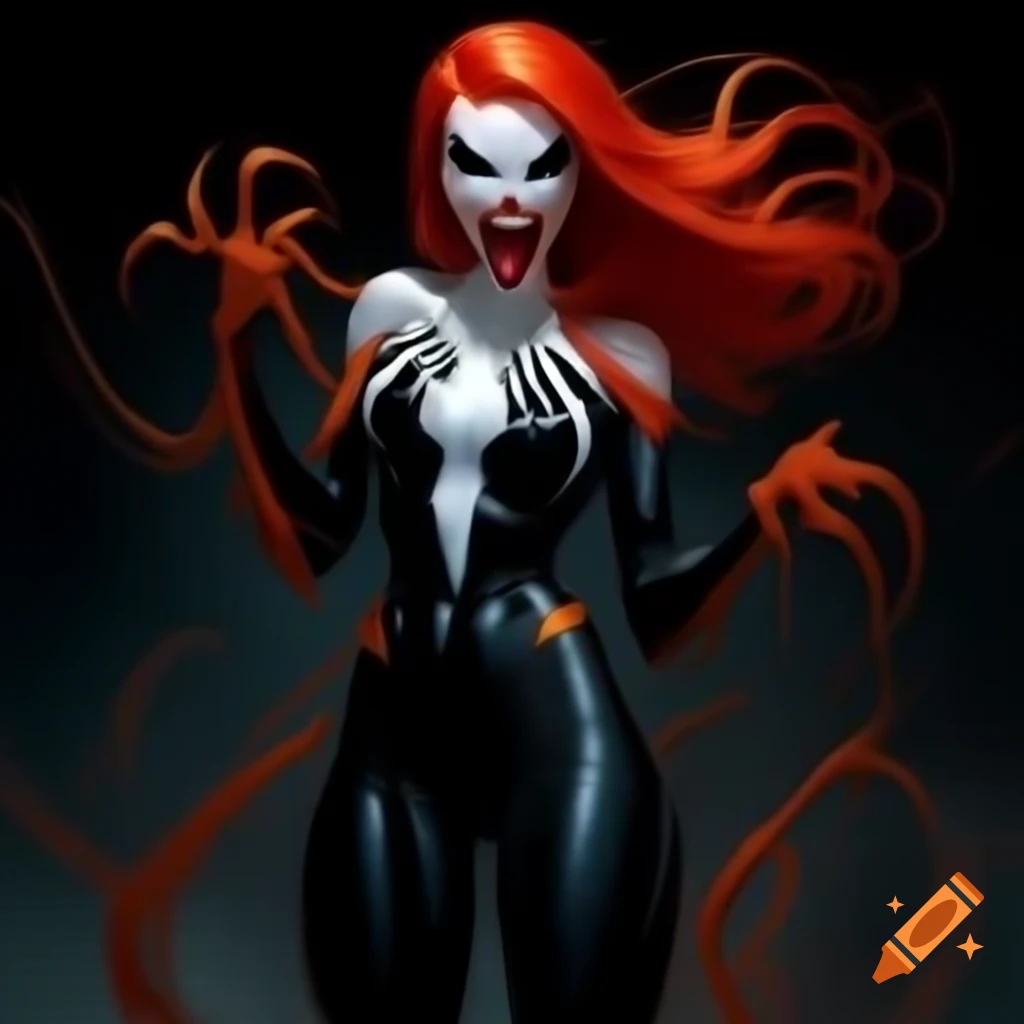 Spooky female superhero with red ponytail in black latex suit with orange accents